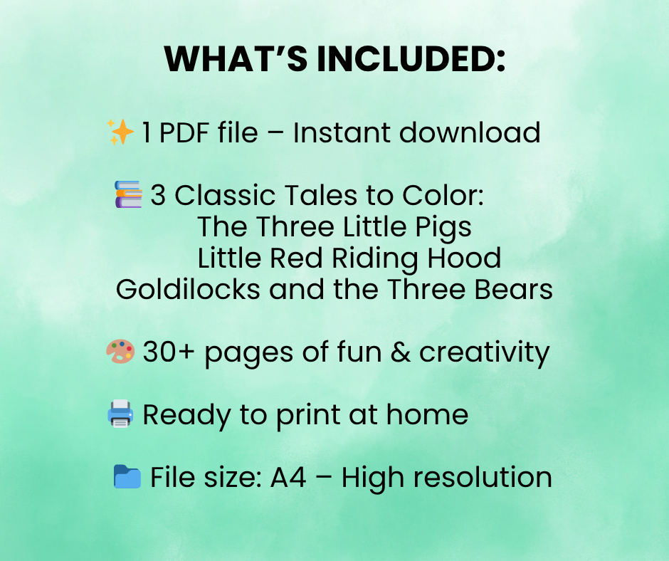 Classic Tales Coloring Book - Volume 1: Little Red Riding Hood, Goldilocks and the Three Bears & Three Little Pigs - Kids Printable PDF