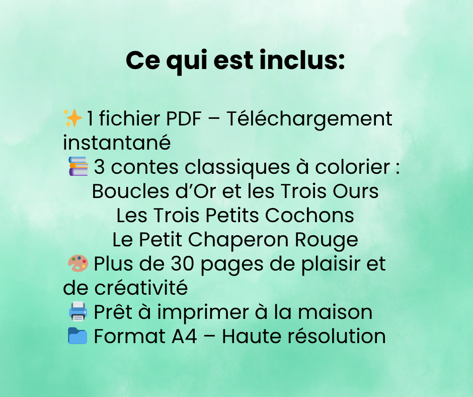 Livre de Coloriage Contes Classiques - Volume 1: Boucles d’Or, Le Petit Chaperon Rouge et Les Trois Petits Cochons - PDF Imprimable