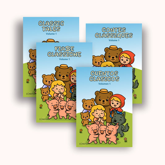 Classic Tales Coloring Book – Volume 1 Bundle: 4 Languages (Es/En/It/Fr) – PDF for Kids