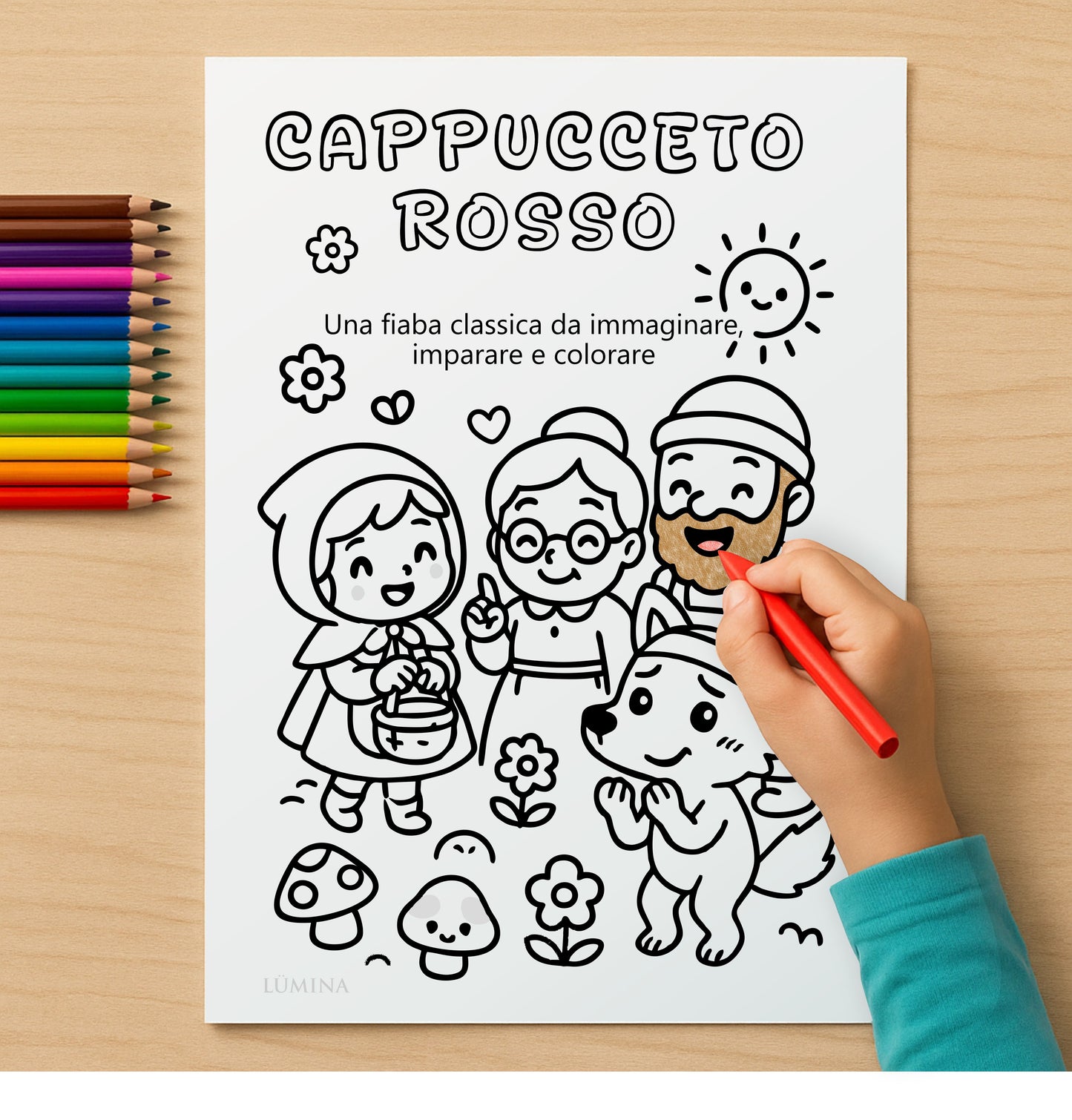 Libro da Colorare con Fiabe Classiche - Volume 1: Riccioli d’Oro, Cappuccetto Rosso e I Tre Porcellini - PDF Stampabile per Bambini